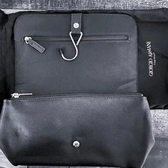 NWT GIORGIO ARMANI Black Fold Over Hangable Toiletry Travel‎ Bag w/ Dust Bag